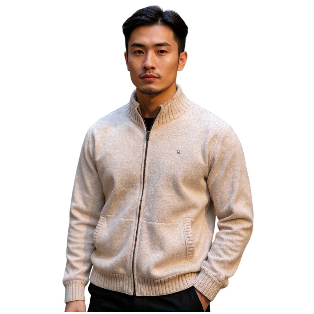 LL Bean Lambswool Full Zip Sweater Cardigan Jacket Beige XL Regular